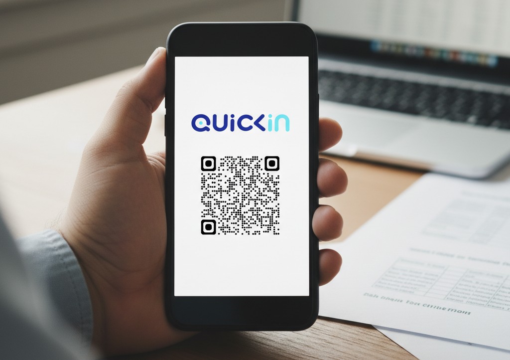 A person holding a phone, showing a Quickin logo and a QR code.
